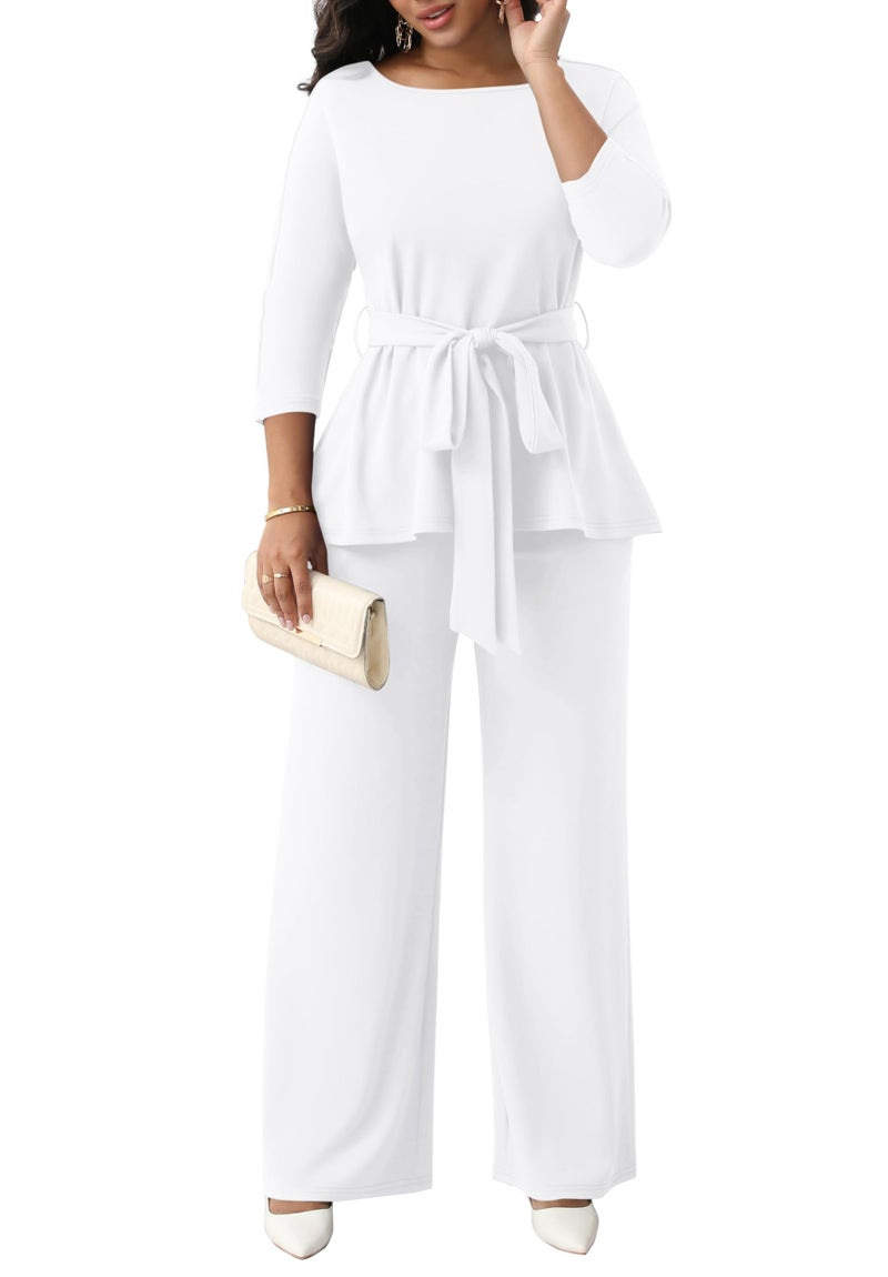 CLOCOR Women's 2 Piece Outfits Suit Set 3/4 Sleeve Peplum Top Flared Pants Sets Business Pantsuits - Image 1