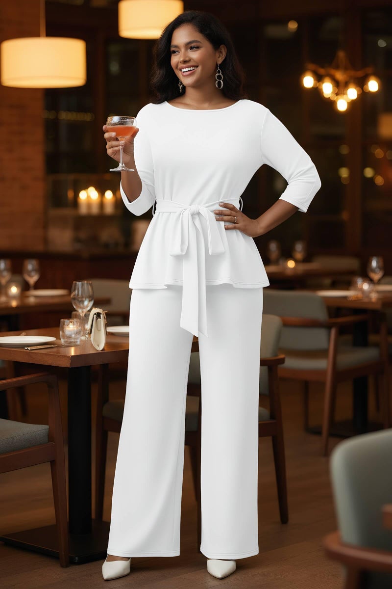 CLOCOR Women's 2 Piece Outfits Suit Set 3/4 Sleeve Peplum Top Flared Pants Sets Business Pantsuits - Image 3