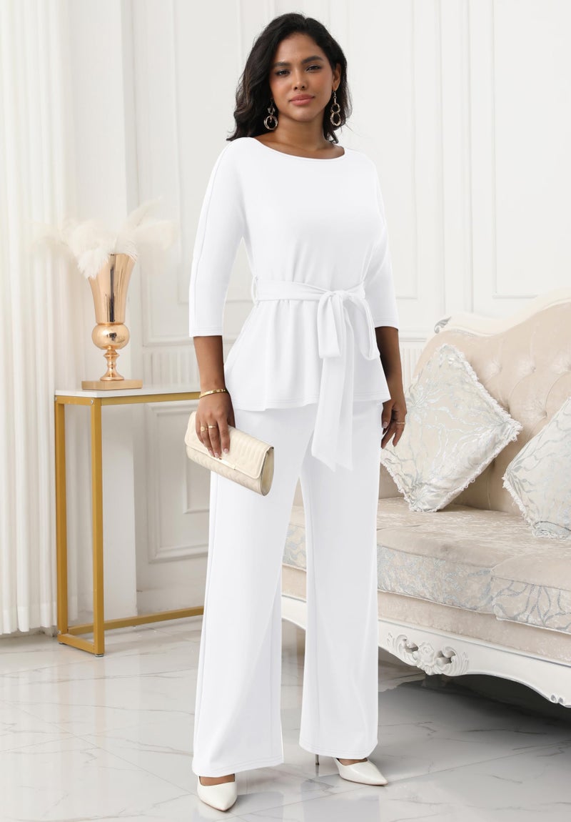 CLOCOR Women's 2 Piece Outfits Suit Set 3/4 Sleeve Peplum Top Flared Pants Sets Business Pantsuits - Image 4