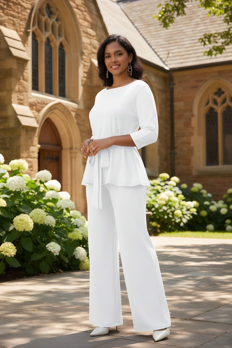 CLOCOR Women's 2 Piece Outfits Suit Set 3/4 Sleeve Peplum Top Flared Pants Sets Business Pantsuits - Image 2