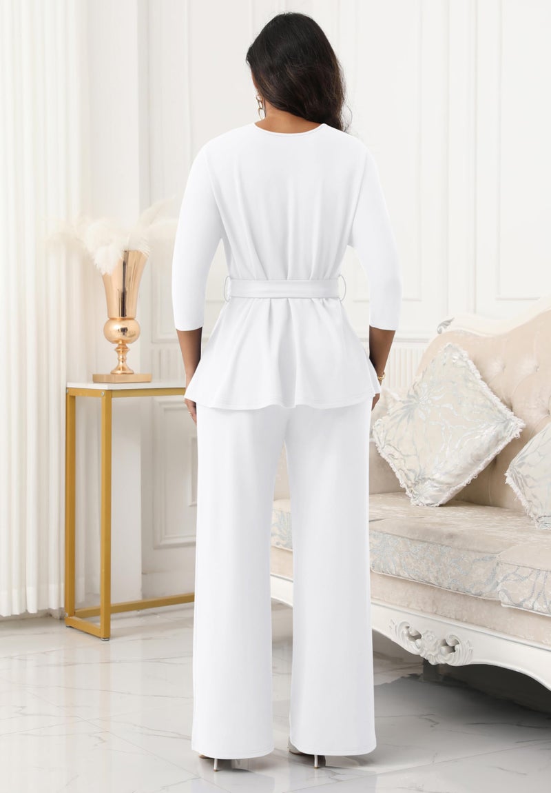 CLOCOR Women's 2 Piece Outfits Suit Set 3/4 Sleeve Peplum Top Flared Pants Sets Business Pantsuits - Image 5