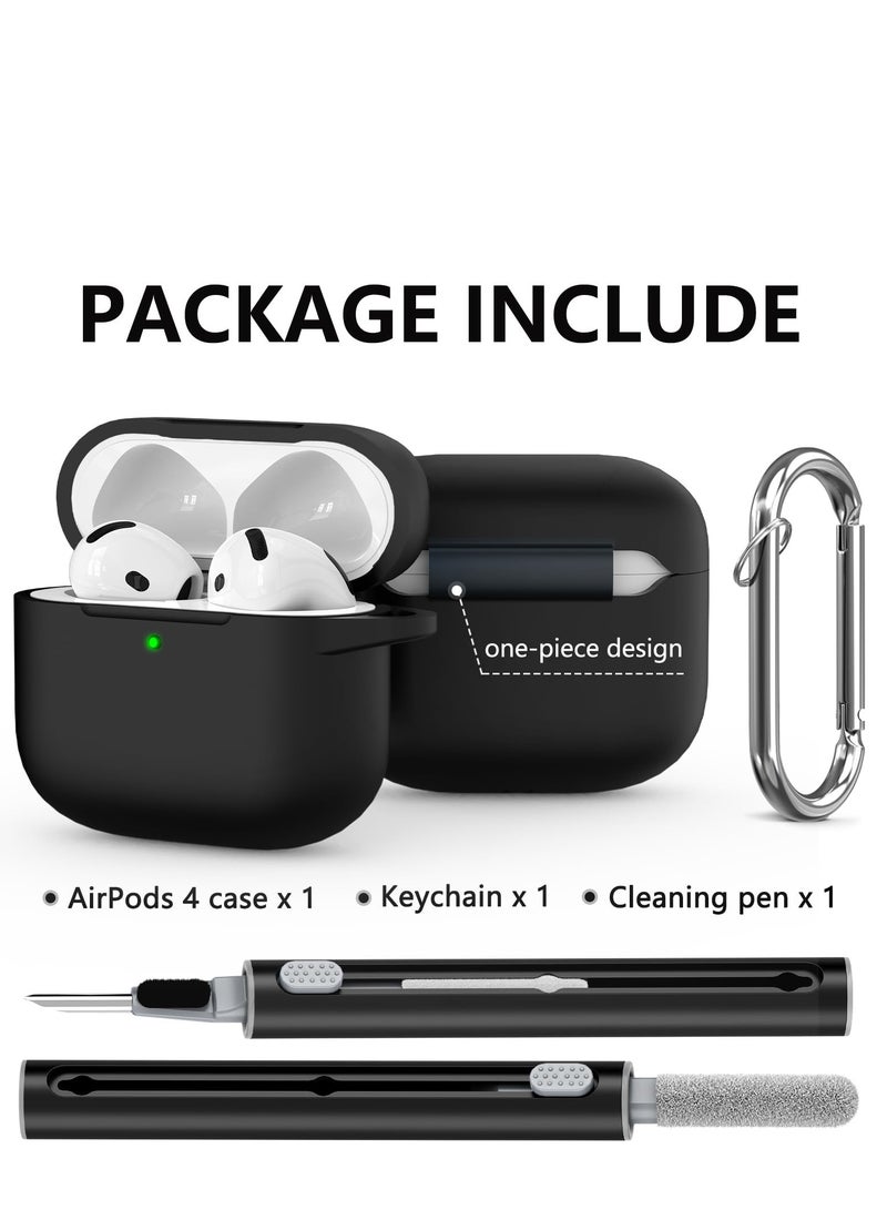 Soft Silicone Protective Case Cover for AirPods 4 with Cleaner Kit and Keychain(Black)  - Image 2