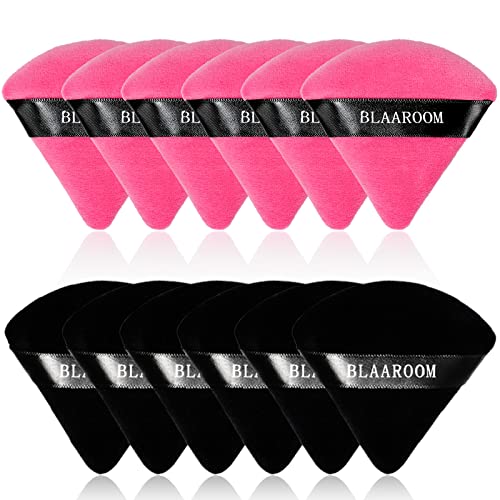 12 Pieces Velour Pure Cotton Powder Puff Face Makeup Triangle Powder Puffs for Loose Powder Wet Dry Cosmetic Foundation Beauty Sponge Makeup Tools Black Rose Red