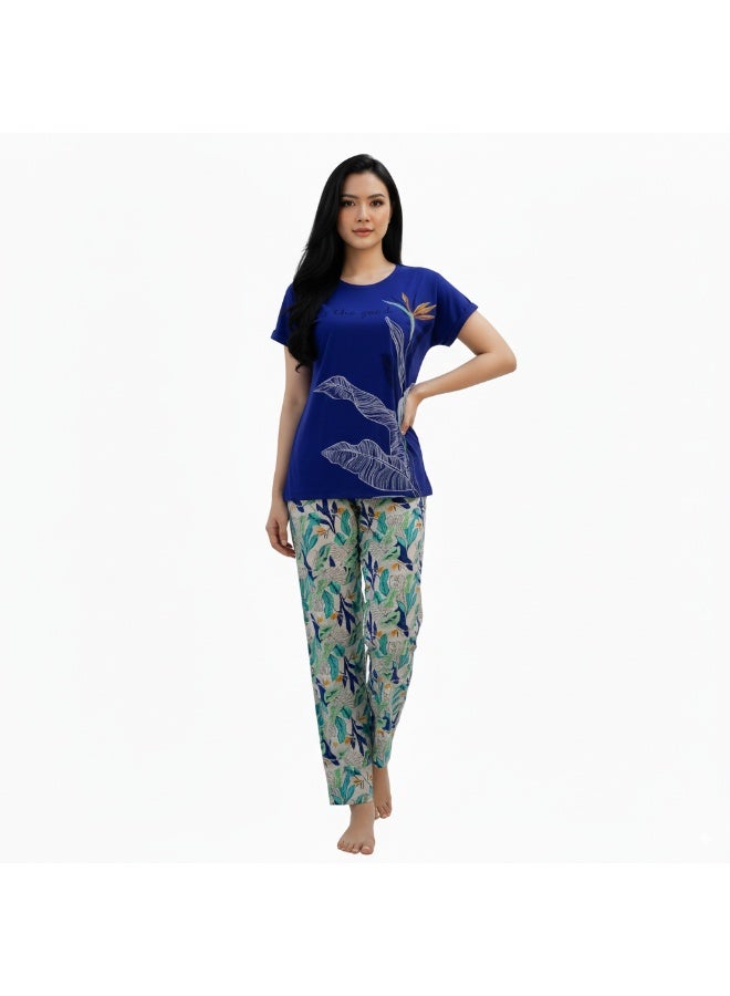 جوانا طقم بيجاما نسائي مع قميص وبنطال بطبعة "انظري إلى الجيد"، أزرق، L - Image 3