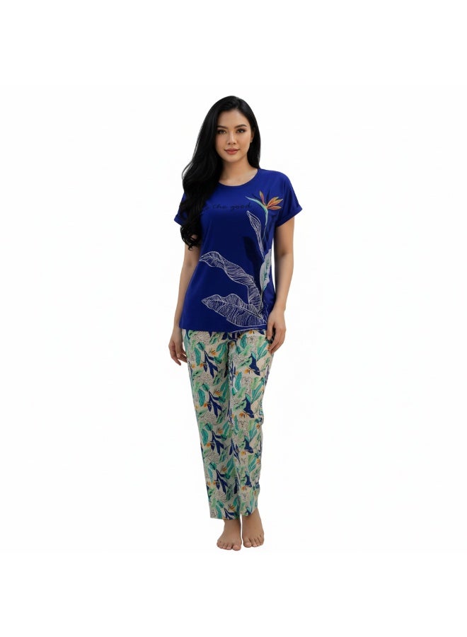 جوانا طقم بيجاما نسائي مع قميص وبنطال بطبعة "انظري إلى الجيد"، أزرق، L - Image 1