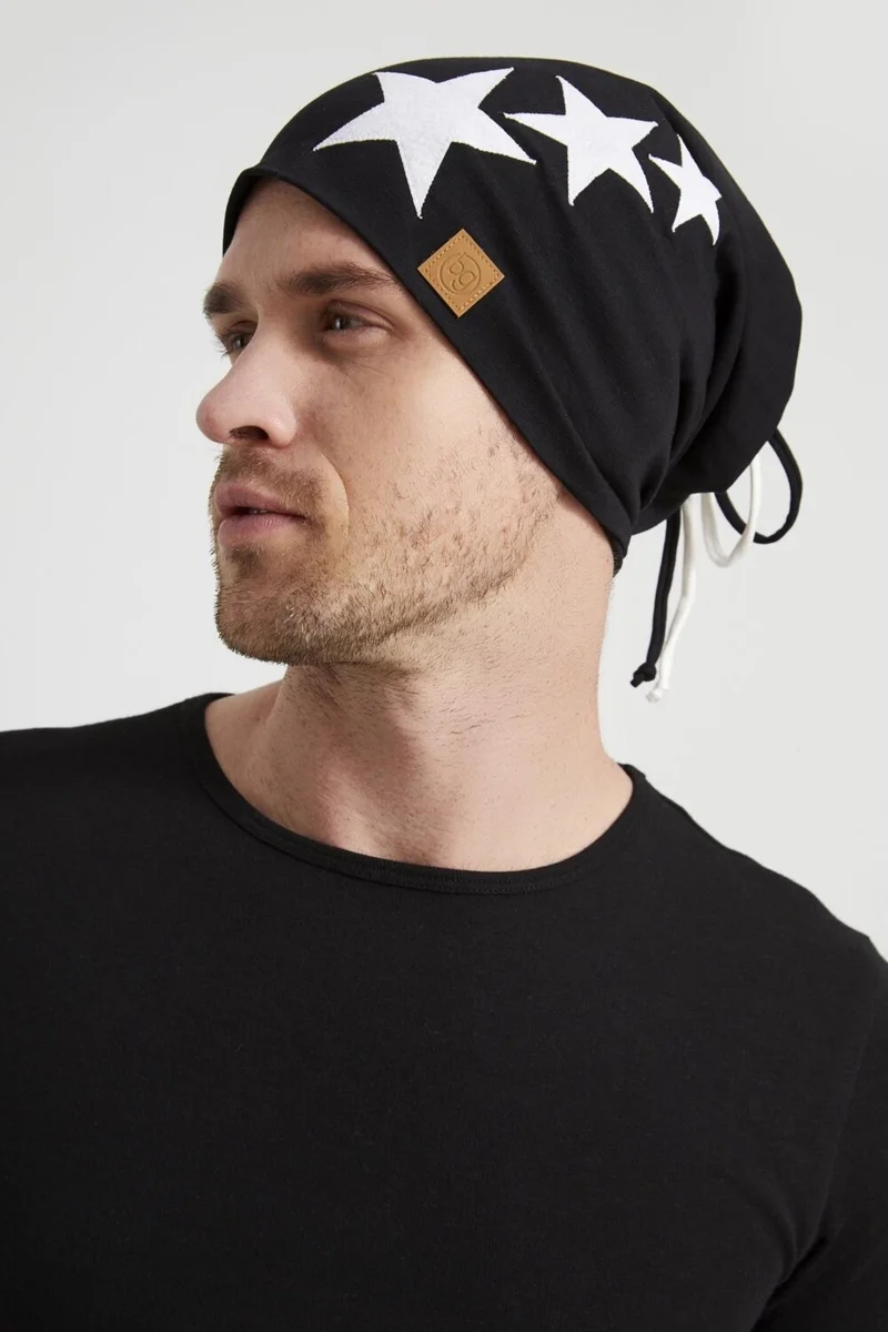 Butikgiz Black and White Starry Champion Yarn 4 Season Hat Beanie Buff Soft Combed Cotton