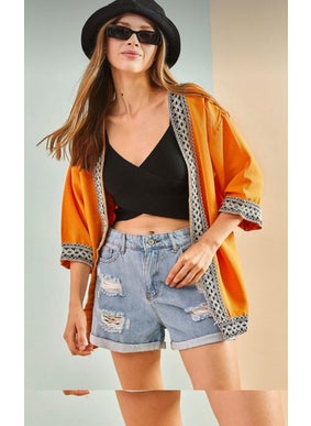Escbutik Women's Embroidered Stripe Patterned Linen Kimono  - Image 3