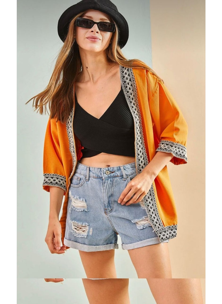 Escbutik كيمونو من الكتان مزين بنقشة الخطوط للنساء  - Image 3