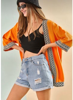 Escbutik Women's Embroidered Stripe Patterned Linen Kimono  - Image 1
