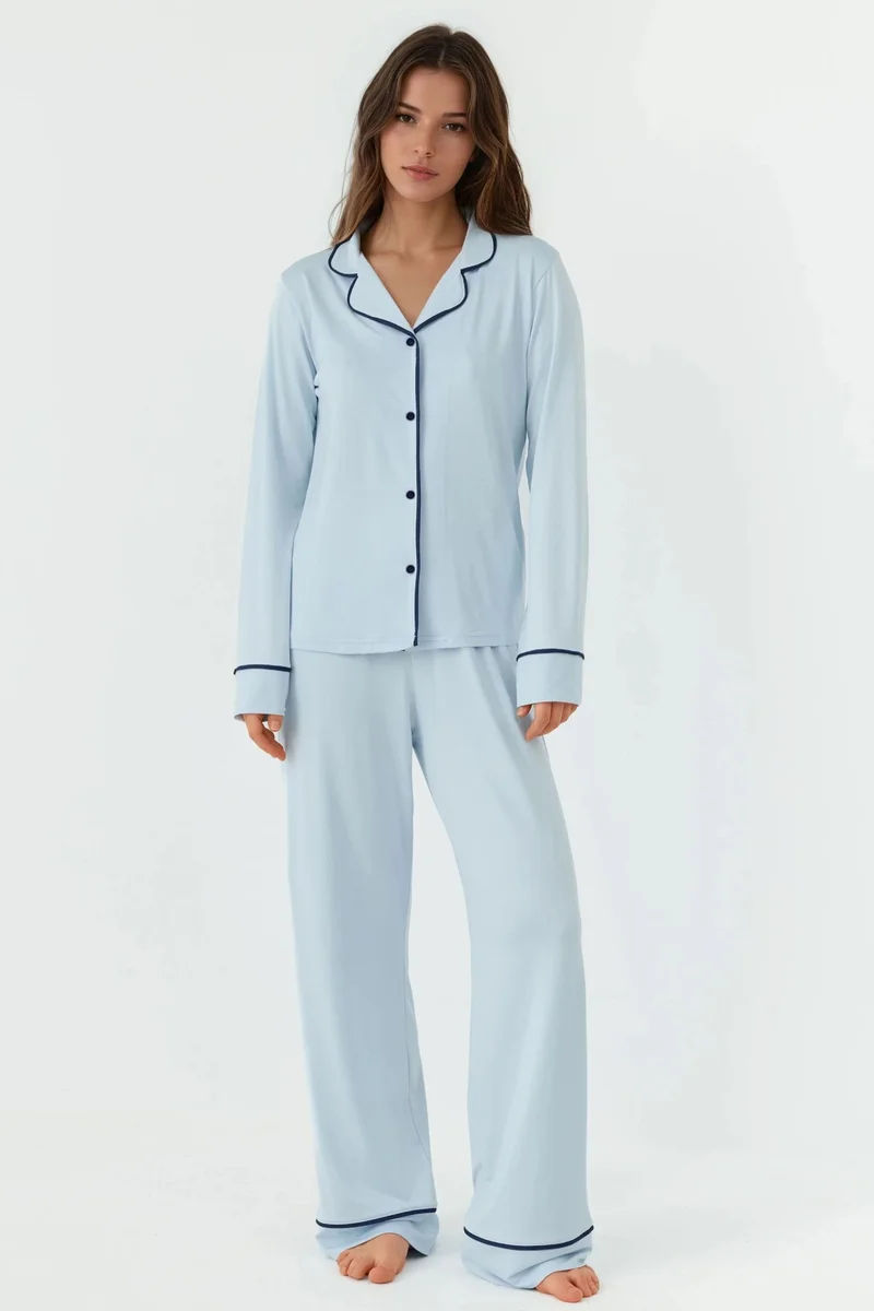 Hiccup Relaxed Fit Long Sleeve Extra Soft Touch Pajama Set with Shirt Collar