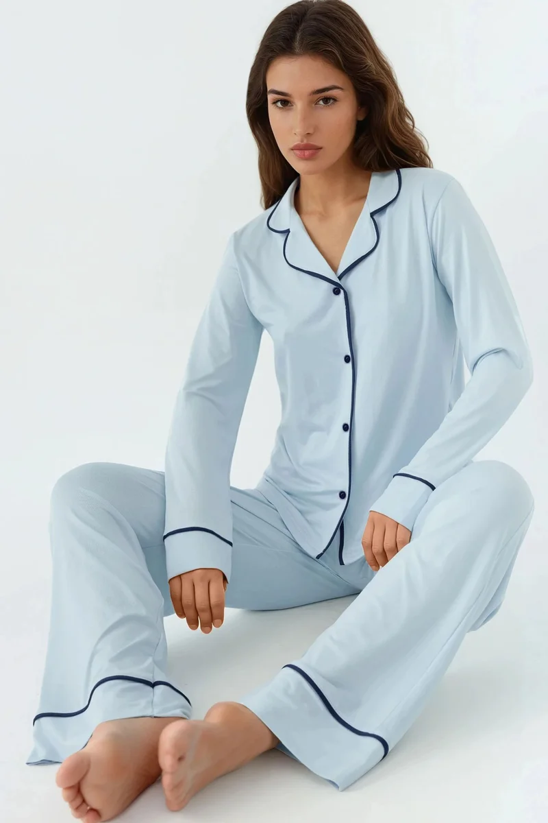 Hiccup Relaxed Fit Long Sleeve Extra Soft Touch Pajama Set with Shirt Collar