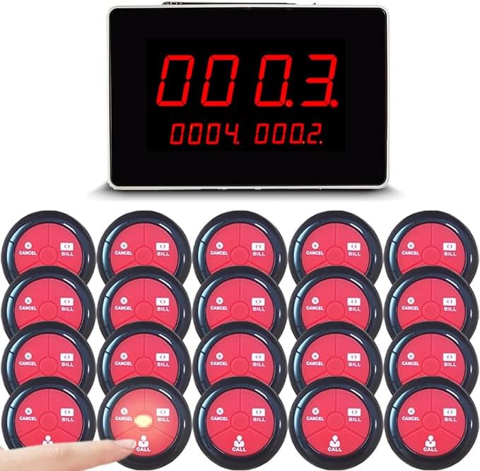 Wireless Waiter Calling System Restaurant Guest Pager Call Service with 20PCS Waterproof Call bell Buttons 1PC Display Receiver for Help Center Customer Service - Image 1