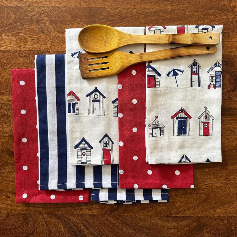 Oak Lily set of 6 Kitchen Towels Red White Polka Red Blue House and Navy Blue Stripes Prints Washable Large Size Kitchen Napkins 40x60cm 100 Cotton for Kitchen Cleaning Drying Wiping
