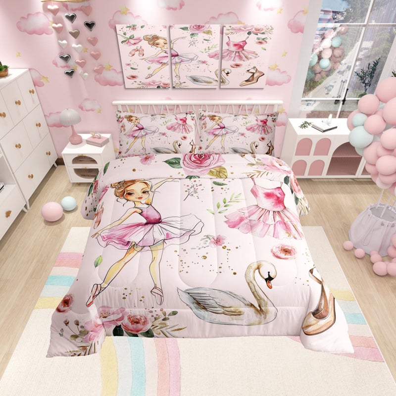 Man Fei Manfei Ballet Dance Girl Pink Twin Size Comforter Set Fantasy Dancing Dress Shoes Duvet Set Soft Bed Collection Dreamy Swan Watercolor Flowers Bedding Comforter for Kids Adults Bedroom 2 Pcs  - Image 5