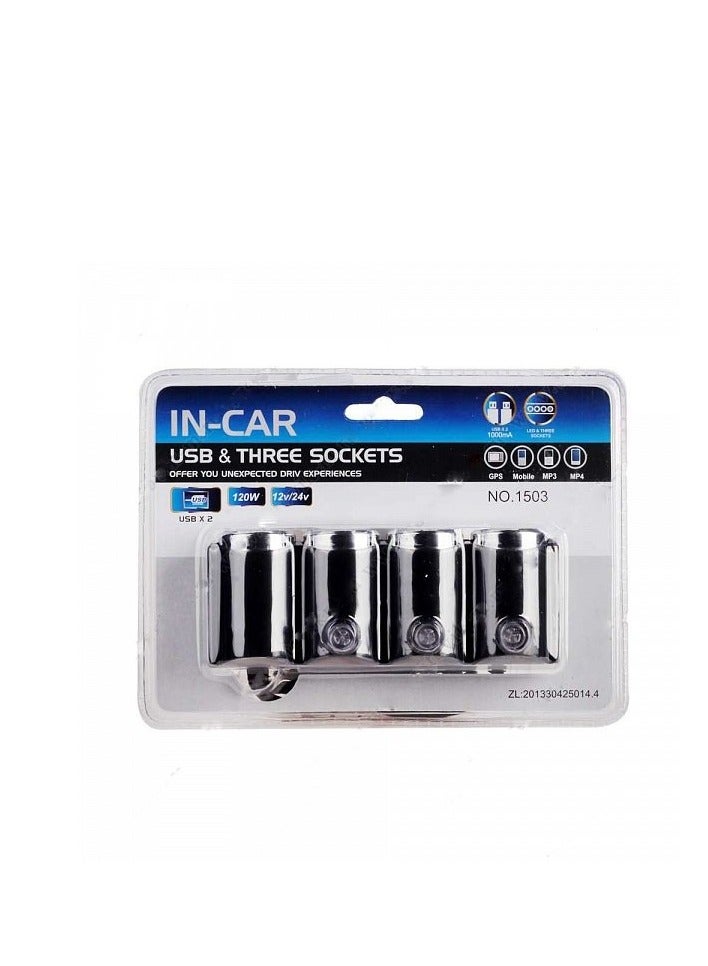 مشترك ولاعة للسيارة 3عين 2 يو اس بي 12 فولت - Image 2