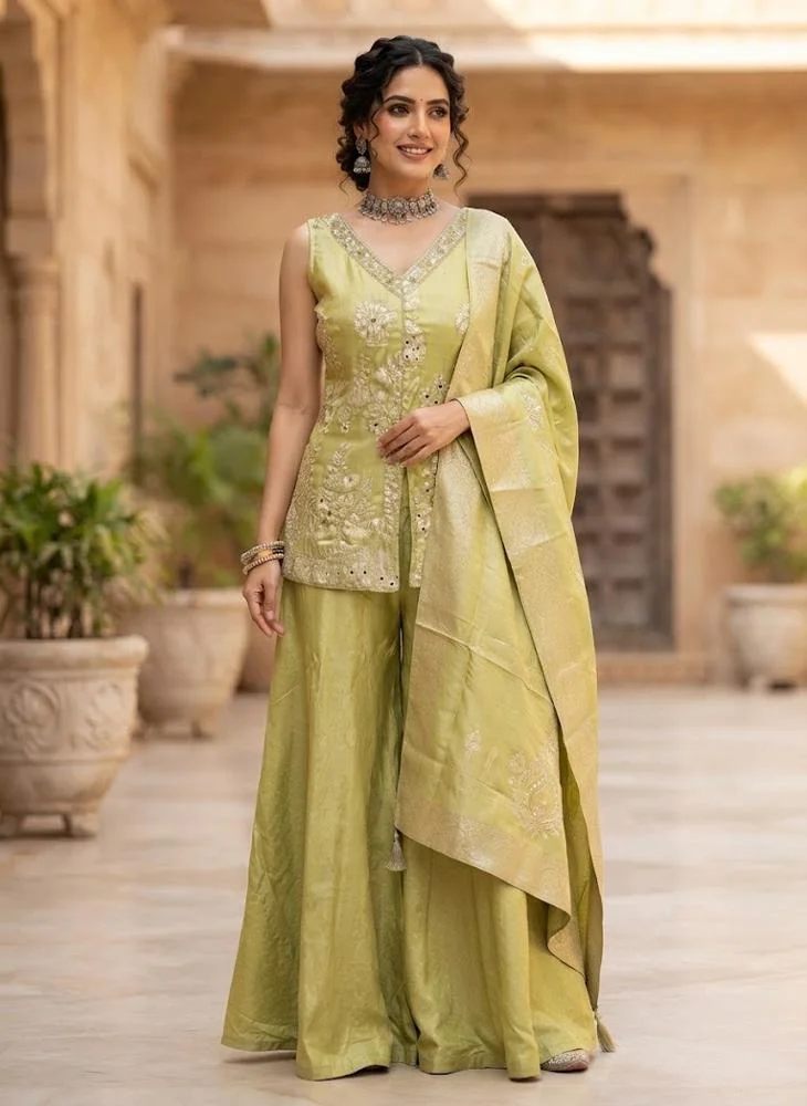Viny VINY Lime Green 3-Piece Embellished Sharara Suit Set – Women's Indian Ethnic Wear