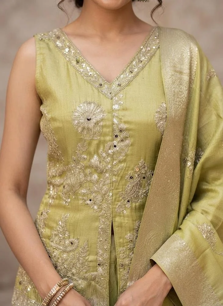Viny VINY Lime Green 3-Piece Embellished Sharara Suit Set – Women's Indian Ethnic Wear