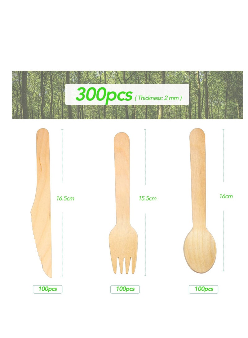 300 Piece Wooden Cutlery Set Disposable Bamboo Cutlery Eco Friendly 100% All-Natural Birchwood Biodegradable For Picnic Party Celebrations - 100 Wooden Forks 100 Wooden Knives 100 Wooden Spoons  - Image 4