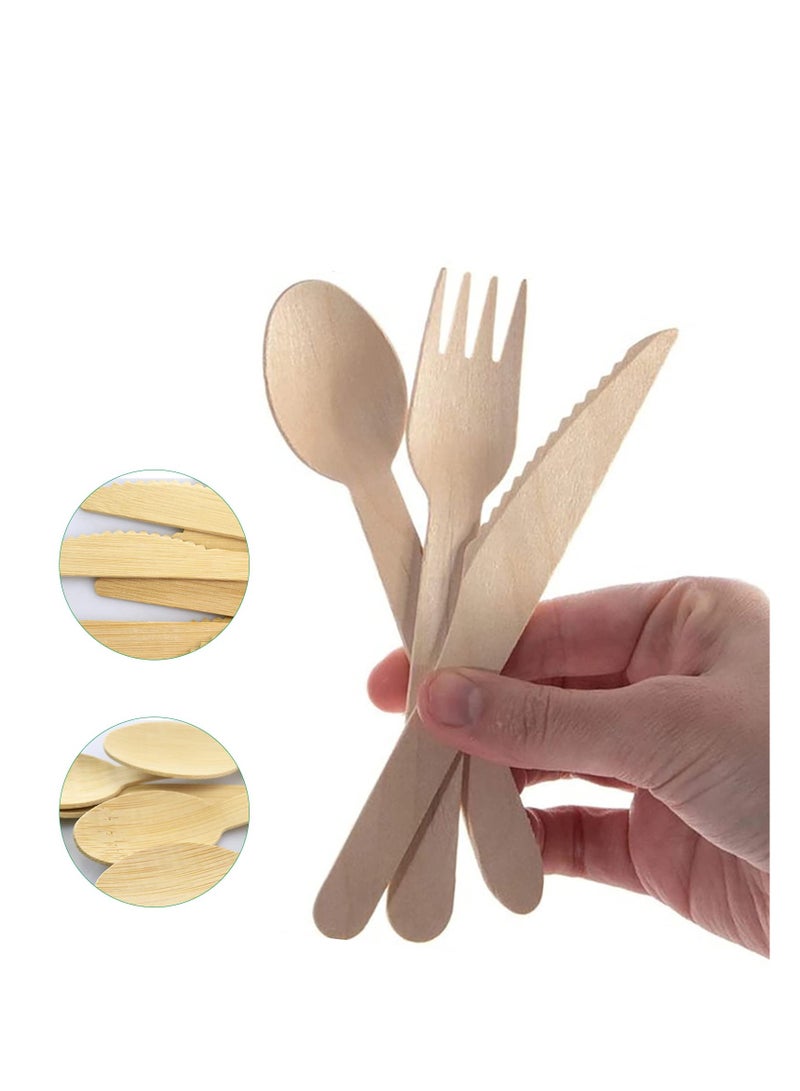 300 Piece Wooden Cutlery Set Disposable Bamboo Cutlery Eco Friendly 100% All-Natural Birchwood Biodegradable For Picnic Party Celebrations - 100 Wooden Forks 100 Wooden Knives 100 Wooden Spoons  - Image 5