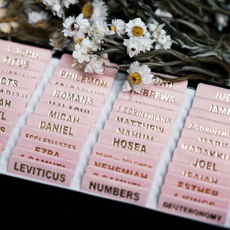UPAFEXXI-Leather Bible Tabs, Bible Tabs for Women and Men(Gold Foil Lettering) Large Print Stickers, Easy to Read and Apply, 80 Chapters Labels for Easy Navigation (Rose Pink) - Image 3