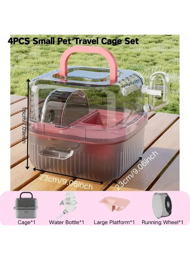 4 Piece Pink Small Pet Travel Cage Set Transparent Carrier With Water Dispenser Food Bowl And Exercise Wheel For Hamsters Sugar Gliders And Hedgehogs Home And Outdoor Use - Image 4