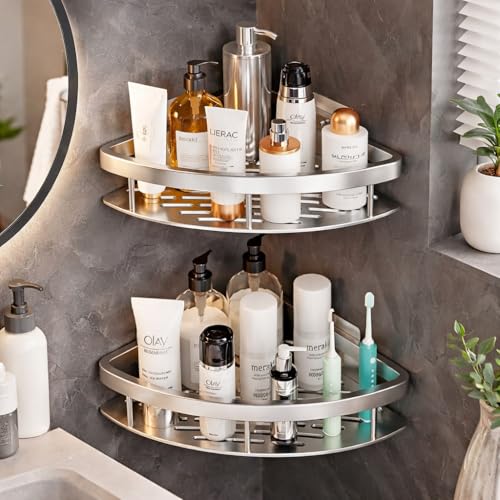 JIALTO Aluminum Bathroom Shelf for Wall– Gold Wall Mounted Bathroom Organizer Rack, Adhesive No Drill Bathroom Shelf for Shampoo, Soap & Accessories, Large Capacity Bathroom Storage Rack (1 Pc) - Image 1