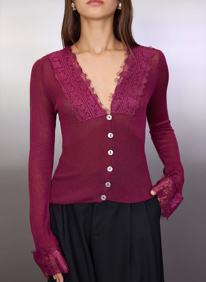 trendyol Plum Lace Sleeve and Collar Trim Garnish Knitwear Cardigan - Image 3
