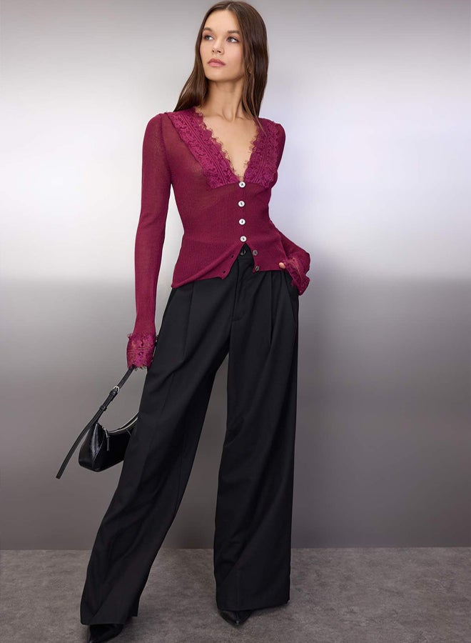 trendyol Plum Lace Sleeve and Collar Trim Garnish Knitwear Cardigan - Image 2