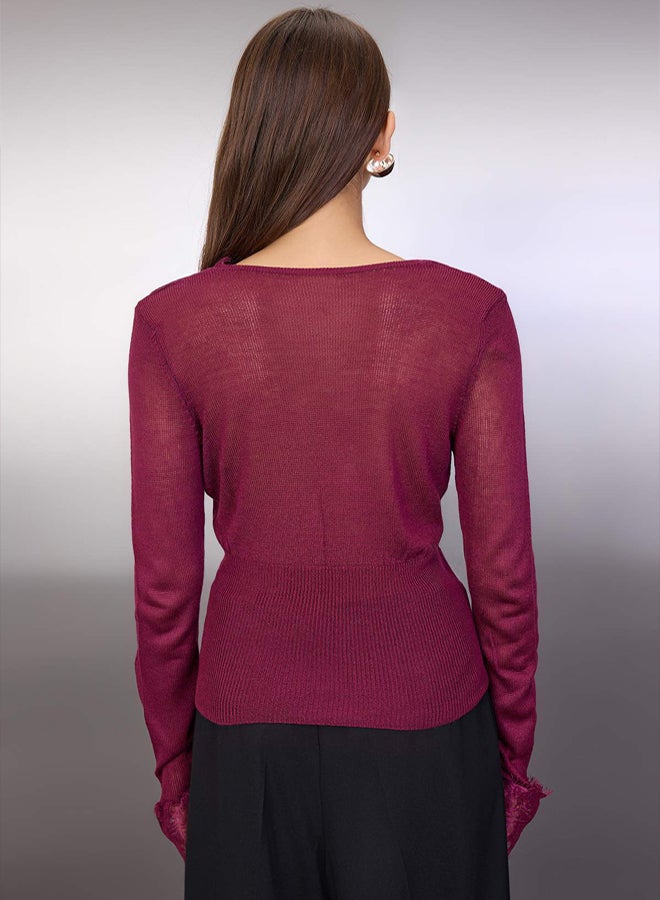 trendyol Plum Lace Sleeve and Collar Trim Garnish Knitwear Cardigan - Image 4