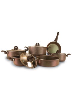 TRUEVAL 10-Piece Non-Stick Aluminum Cookware Set With Heat Resistant Handles Brown, 18cm, 20cm, 24cm, 28cm Pots With Stainless Steel Lid, 26cm Frypan, 26cm Round Oven Tray  - Image 1