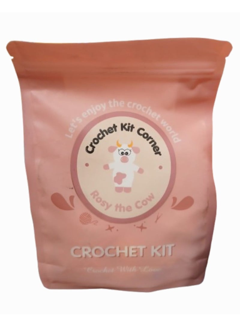 Crochet Kit, White and Pink, Rosy Cow,  DIY Craft Set with Yarn, Hook, Stuffing, Complete Beginner Friendly, for Kids & Adults, Great Fun Activity, Nice Gifting Idea
