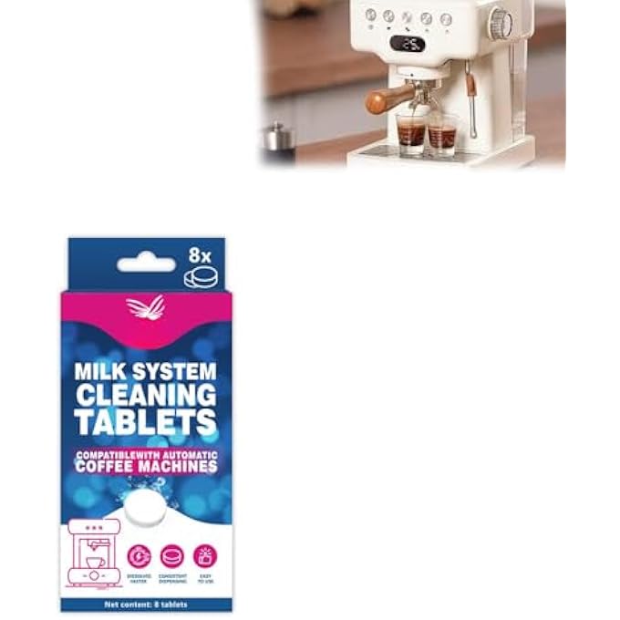 FDTY أقراص تنظيف ماكينة القهوة، عامل إزالة الترسبات الكلسية لإزالة الترسبات الكلسية وبقايا الزيت، مزيل الترسبات الكلسية، متوافق مع جميع ماركات ماكينات القهوة، علبة واحدة تحتوي على 8 أقراص لتنظيف نظام الحليب - Image 1