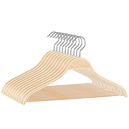 JS HANGER Wooden Coat Hangers, 10 Pack Light Weight Wood Coat/Suit Hangers with Non-Slip Pant Bar, Natural Finish - Image 1