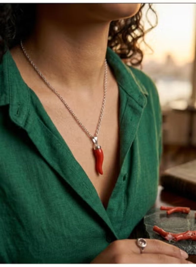 PULL&BEAR Pull & Bear Women's Copper and Zinc Chain with Red Horn Pendant (Cornicello) - Size M. - Image 4