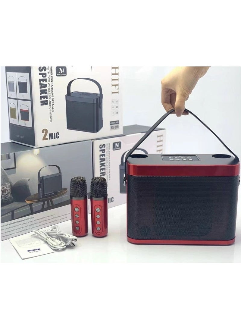YS-219 Bluetooth Karaoke Speaker System with Dual Wireless Microphones – Portable Outdoor Sound System with Powerful Bass, Echo & Vocal Effects, USB & TF Card Playback, AUX Input, and Rechargeable Battery – Ideal for Parties, Events, Picnics & Gatherings Red - Image 4