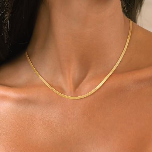 CHESKY 14K Gold Plated Snake Chain Necklace Gold Herringbone Necklace for Women Minimalist Necklace Chain 3MM(W) 14"(L) - Image 3