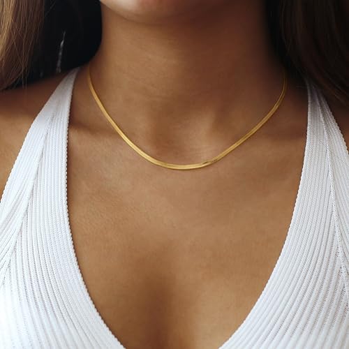 CHESKY 14K Gold Plated Snake Chain Necklace Gold Herringbone Necklace for Women Minimalist Necklace Chain 3MM(W) 14"(L) - Image 4