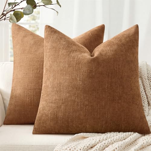 ANRODUO Pack of 2 Decorative Textured Throw Pillow Covers Soft Bronze Square Accent Solid Chenille Cushion Cover Cozy Farmhouse Pillow Case for Couch Sofa Bedroom Living Room Home Decor 18x18 Inch - Image 1