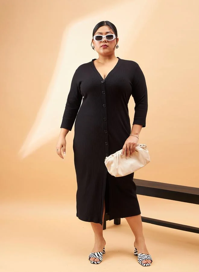 SASSAFRAS Sassafras Plus Size Black Rib Front Button V-Neck Midi Dress