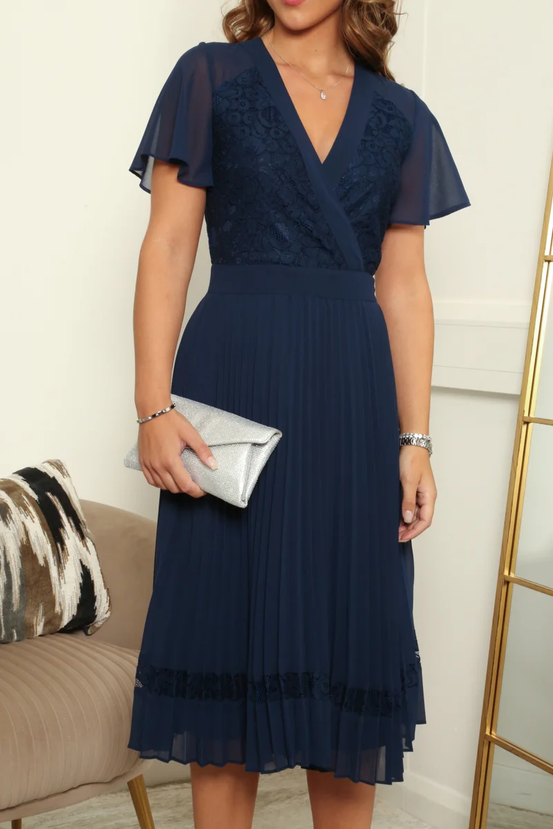 Double Second navy blue Wrap Lace Panel Pleated Dress for Women | Best Price UAE