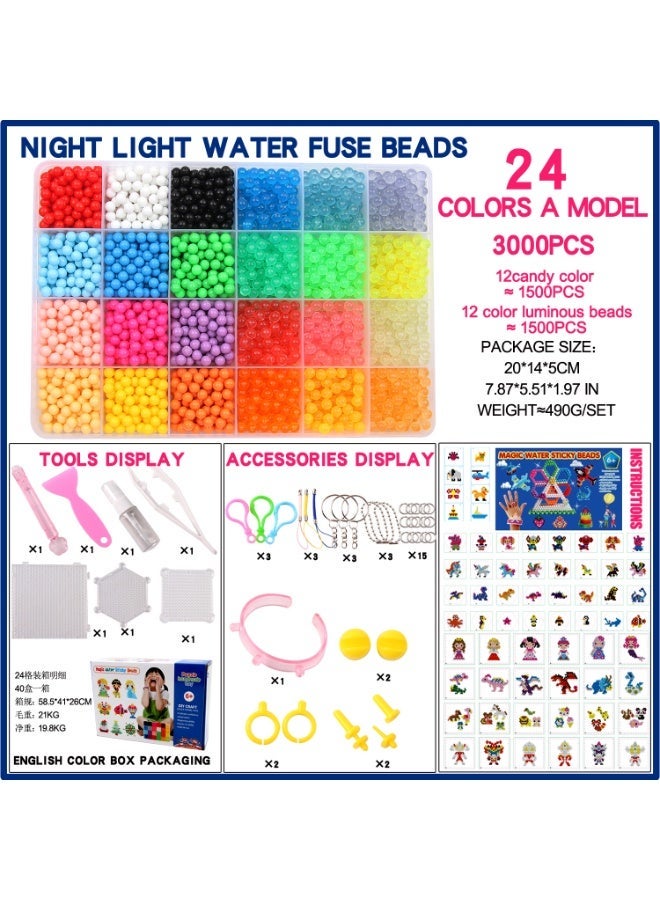 Capstro Water Fuse Beads Kit – Glow-in-the-Dark A, 24 Colors 3000Pcs with Box, Spray Bottle & Tools | DIY Water Sticky Bead Craft Toy for Kids Ages 6–14 | Creative Arts & Crafts Educational Gift Set - Image 2