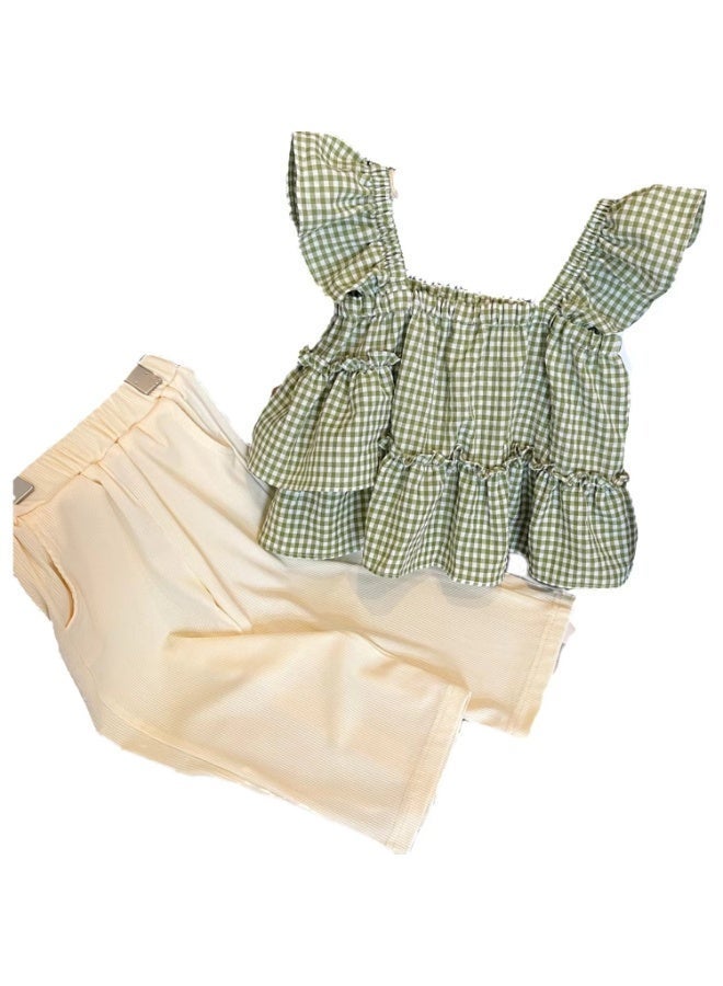 Girls 2PCS Summer Outfit, Plaid Ruffle Tank Top + Elastic Waist Shorts Set, Cute Casual Kids Clothing - Image 3