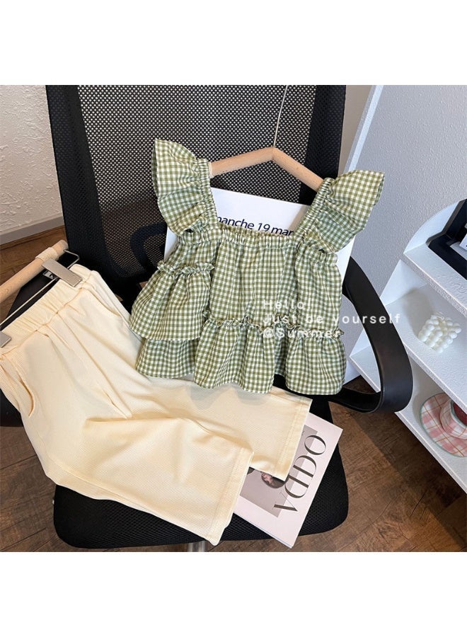 Girls 2PCS Summer Outfit, Plaid Ruffle Tank Top + Elastic Waist Shorts Set, Cute Casual Kids Clothing - Image 2