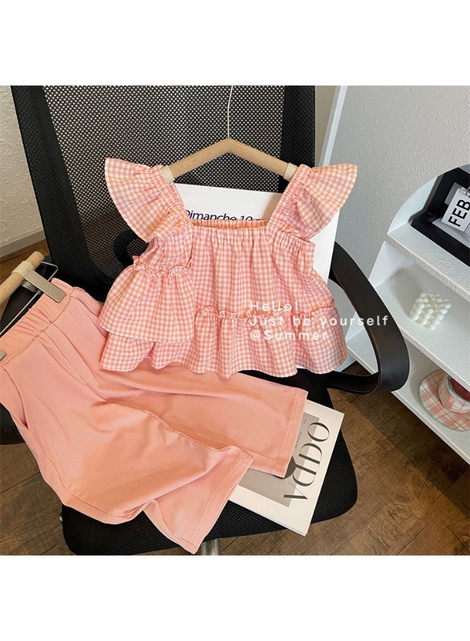 Girls 2PCS Summer Outfit, Plaid Ruffle Tank Top + Elastic Waist Shorts Set, Cute Casual Kids Clothing - Image 1