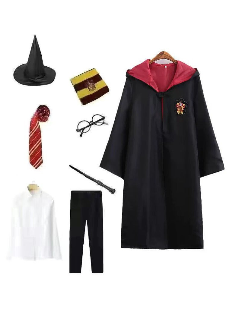 8 Piece Set Harry Potter Robe Costume Cosplay Set,Hogwarts Wizarding World Costume Robes for Boys,Robe, Shirt, Pants, Tie, Scarf, Frame, Wand, and Wizard hat  - Image 1