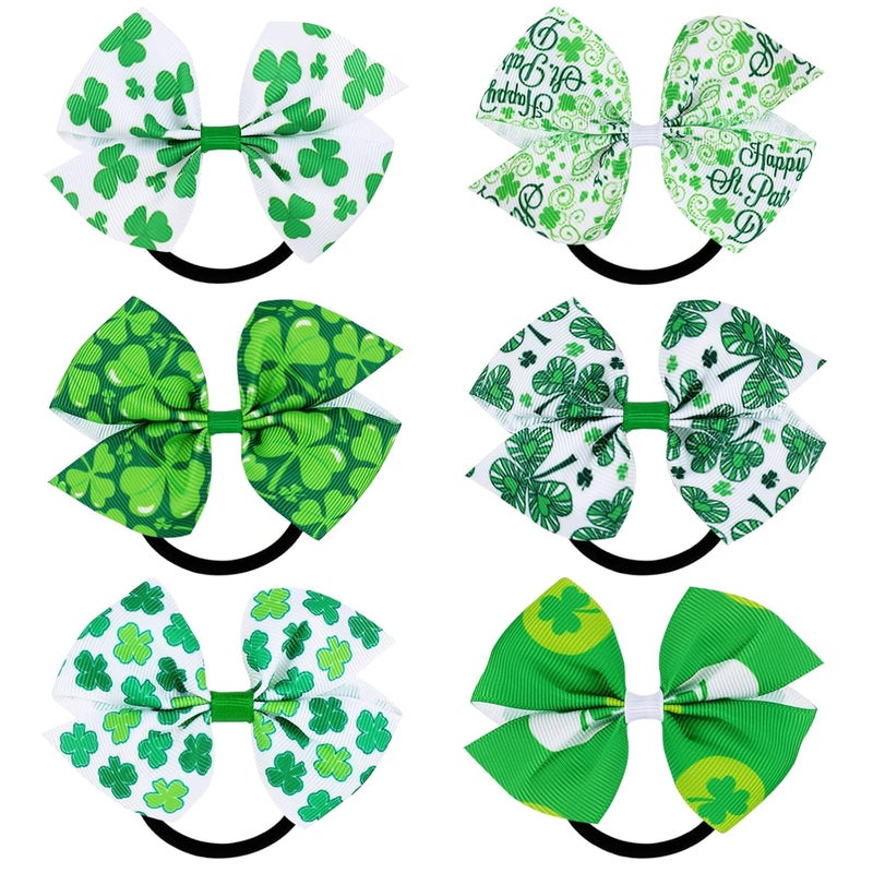 Whaline 12Pcs St Patricks Day Bow Hair Ponytail Holders Shamrock Clover Prints Bow Hair Scrunchies Green White Hair Ties Irish Holiday Elastic Hair Bands for Women Girls Teens Hair Accessories