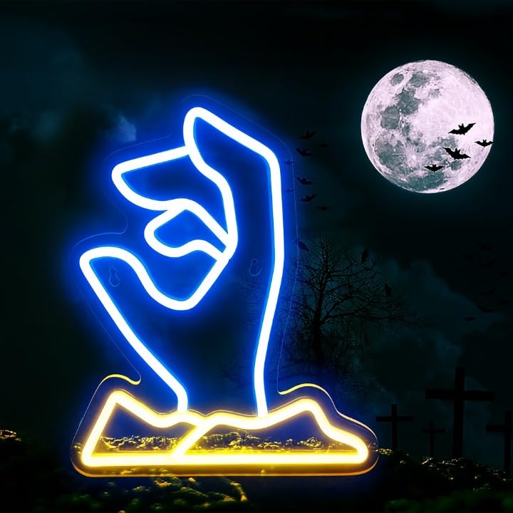 Horoof Home Halloween Ghost Hand Neon LED Wall Light - 26x21.7cm Blue and Yellow Acrylic Decoration for Spooky Parties - Image 1