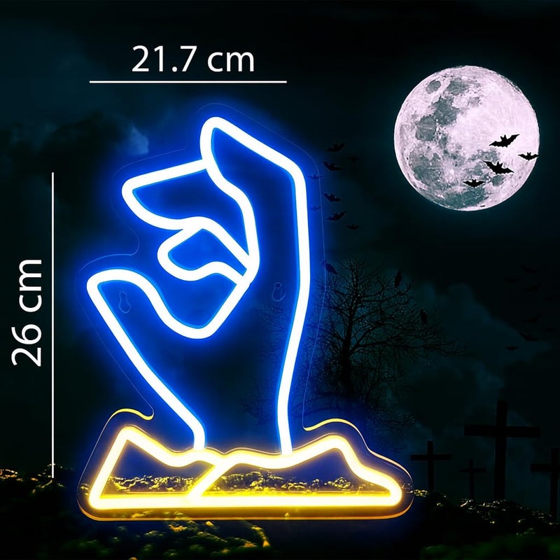 Horoof Home Halloween Ghost Hand Neon LED Wall Light - 26x21.7cm Blue and Yellow Acrylic Decoration for Spooky Parties - Image 2
