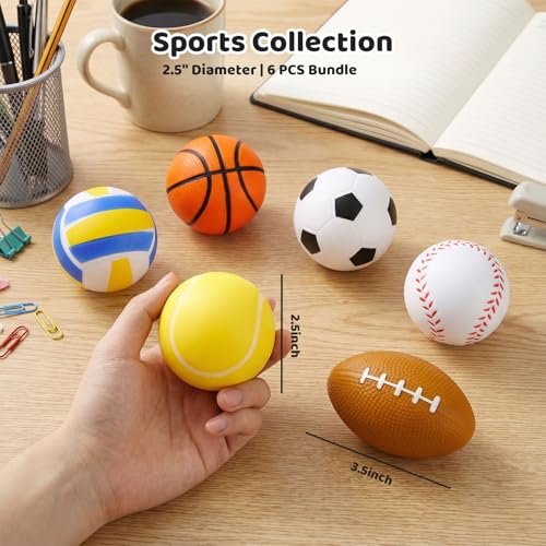 MCPINKY 6PCS Foam Stress Balls Bulk 25inch Mini Sports Squeeze Balls Basketball Football Baseball Soccer Tennis Volleyball Toys for Kids Adults Party Favors - Image 5