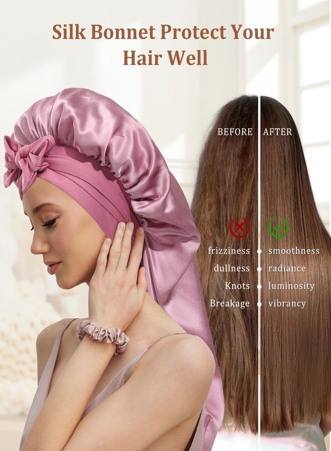 AWAYTR Long Silk Bonnet for Sleeping - 100% Mulberry Silk Bonnet for Women Long Hair Sleep Cap with Elastic Tie Band (Rose Gold) - Image 3